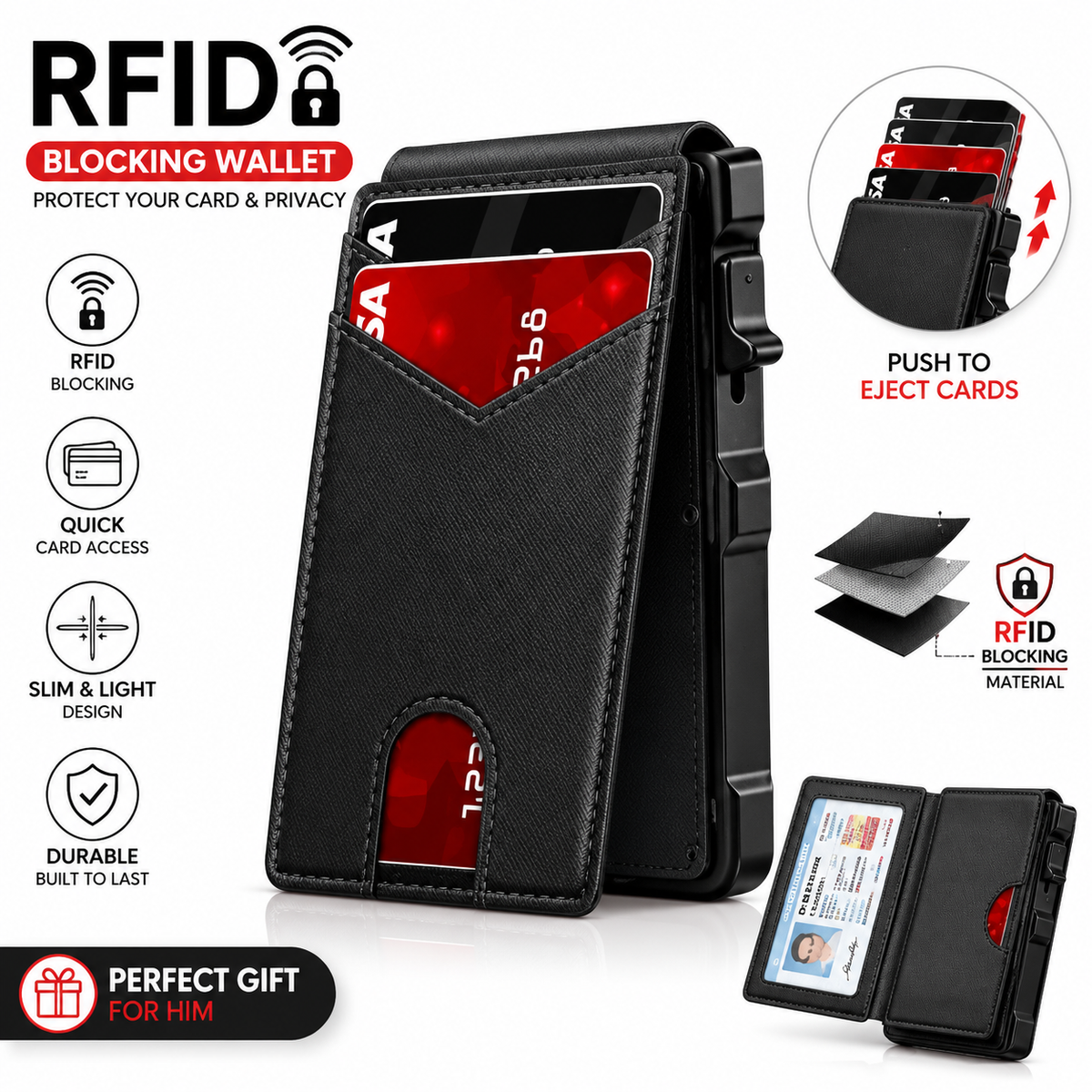⚡RFID Blocking Minimalist Pop-Up Wallet | One-Second Card Eject Design & Ultra Slim Pocket Wallet