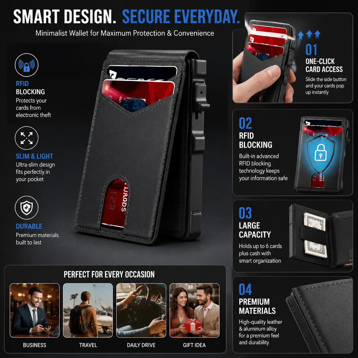 ⚡New RFID Blocking Minimalist Pop-Up Wallet | One-Second Card Eject Design & Ultra Slim Pocket Wallet