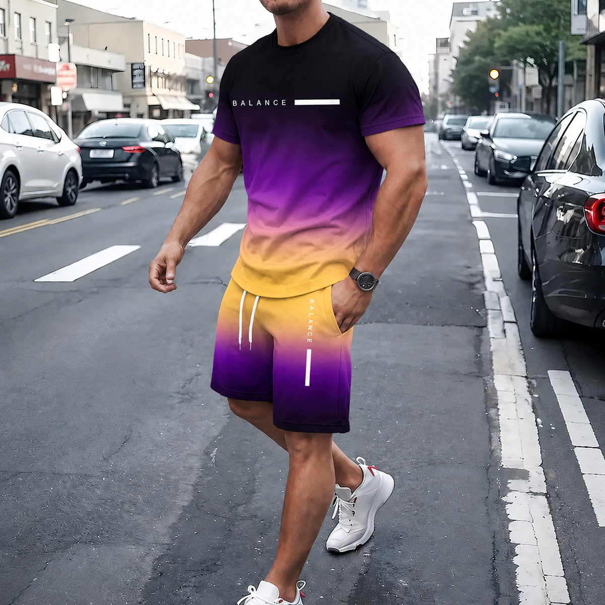 👕Men’s Gradient Short Sleeve Tracksuit 2-Piece Set